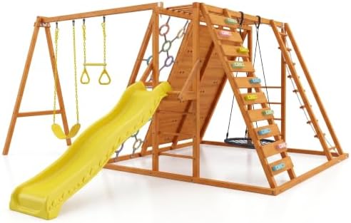 Sycamore Backyard Ultimate Climbing Set with 2 Swings and Trapeze Bar – Outdoor Playset for Kids with Gymnastics Bar, Rock Climbing Holds, and Sensory Playground Accessories – Wooden Swingset for Ages