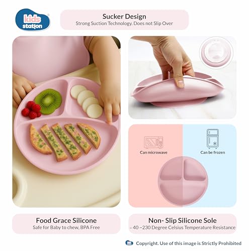 Image of Kids Station 8-Piece Silicone Baby Feeding Set | Suction Bowl, Plate, Bib, Cup, Spoon & Fork | 100% Food Grade BPA-Free Silicone | Non-Slip, Easy to Clean (Pack of 8, Pink)