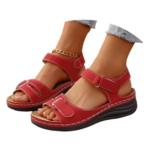 Wide Width Orthopedic Sandals for Women Dressy Boho Slip-On Platform Open Toe,Summer Beach Shoes Comfort Flat Sandals (Burgundy,