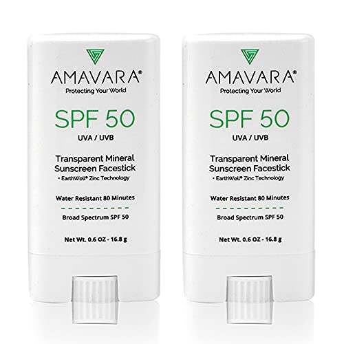 Amavara Mineral Clear Sunscreen Face Stick SPF 50, Sheer Reef Safe Sunblock, Zinc Oxide Based Waterproof Sun Screen, Broad Spectrum, Safe for Kids and Sensitive Skin, Vegan, Cruelty Free, 0.6oz 2-Pack