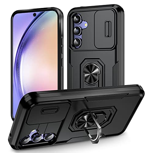 Image of ShieldTech Back Cover Case Compatible for Samsung Galaxy A14 5G with Slide Camera Cover & Rotated Ring Stand | Military Grade Mobile Phone Cover Case for Samsung Galaxy A14 5G (Black)