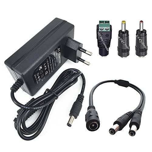 DZYDZR DC 12V 4A Power Supply Wall Plug 48W 2,1/2,5mm x 5,5mm Plug und 12V Buchse DC Kabelstecker und 1 auf 2 Y-Splitter Kabel