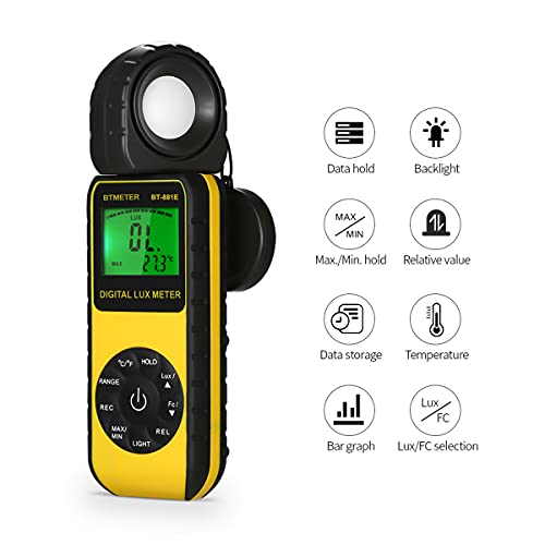 Image of BTMETER Digital Illuminance Light Meter, Handheld Luxmeter 881E Photometer | Measure Lights 0.01-300,000 Lux (0.01-30,000 FC) Foot Candles, Par Meter for Plants Aquarium Light Tester, Backlight LCD