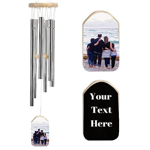 Custom Wind Chimes with Photo Text Front and Back Personalized Memorial Wind Chimes Aluminium Tubes Wooden Wind Bell Outdoor Garden Patio Decor Gift for Mom Dad