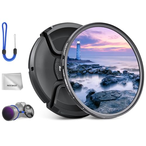 NEEWER 62mm Variable ND Filter Lens Cap, Cleaning Cloth,