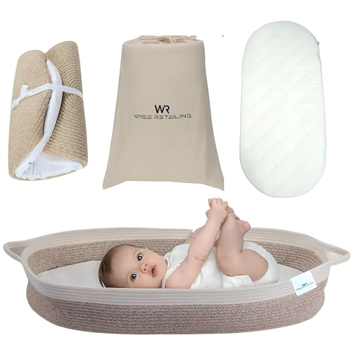 Image of VERSAINSECT ing Basket (for 0 to 12 Month) - 100% Cotton Rope Changing Table Topper Moses Basket, Thick Foam Pad with Removable Cotton Cover - Storage Bag and Plush Blanket- Changing Basket for Babies