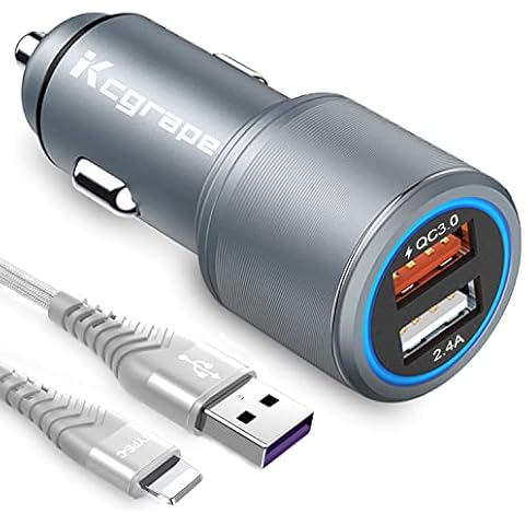Fast Car Charger For iPhone 11 12 Pro/XR X XS Max/SE 2020 2022/8 7 6S Plus 7+/13 Pro Max/12 Mini/6 5S,Car Charger Plug And 1M Cable,Cigarette Lighter Phone Adapter,Quick Charge 3.0+2.4A Dual USB Port Cover