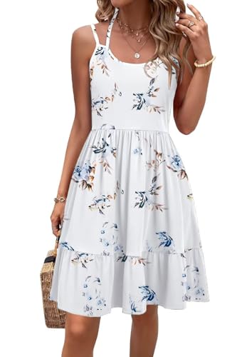 Tanmolo Kleid Damen Sommer Spagettiträgern Kleid Knielang Freizeitkleider Mit Taschen Swing Strandkleid (Weiß Floral M)
