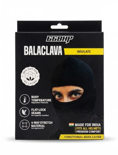 Image of 66BHP Balaclava Face Mask for Bikers - 95% Cotton Breathable Riding Mask for Men & Women, Anti-Dust Full Face Cover for Motorcycle, Biking, Cycling & Helmet Base Layer (Black)