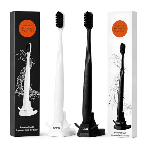 Image of TOKII Tongue Scraper & Tongue Cleaner for Adults, 2-in-1 Toothbrush with Sliding Tongue Scraper, Charcoal Ultra Soft Bristles, Ayurvedic-Inspired, Includes Travel Toothbrush, Stand & Waterproof Pouch