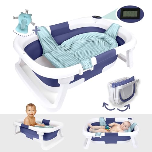 Image of BEBELEH™ Collapsible Baby Bathtub with Thermometer – Bathtub + Baby tub Sling + Newborn Sling – Baby Bathtub Newborn to Toddler 0-24 Months – The Ultimate Baby Bath tub! (with Thermometer,Blue)