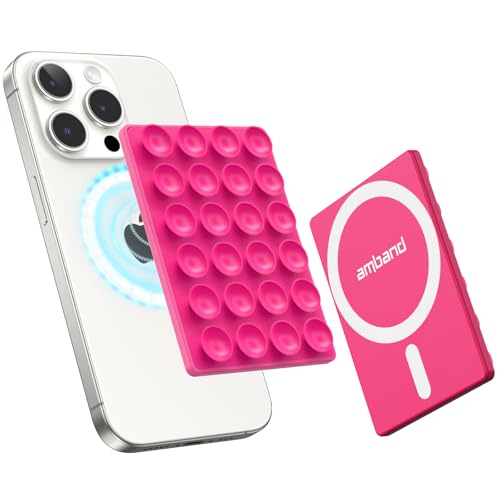 amBand Magnetic Suction Phone Mount for MagSafe Case, Silicone Sticky Grip Secure Holder for iPhone, Hands-Free Taking Photo/Recording Video/Live Streaming for Instagram Influencer/Creator, Hot Pink