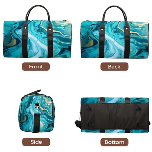 Abstract Teal And Blue Marble Print Travel Duffel Bag Sports Tote Gym Bag Waterproof Tear-Resistant Carry On Overnight Bag Foldable Weekender Bag for Gym Travel Getaway Beach Sports3