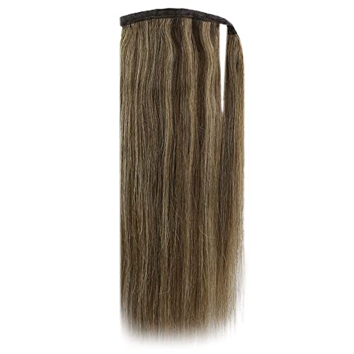 Clip in Ponytail Hair Extensions 16 inch Ponytail Extension Human Hair Dark Brown Highlight Caramel Blonde Wrap Around Ponytail Human Hair Clip in 80G