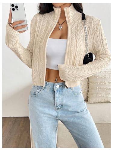 Image of MakeMeChic Women's Cropped Cable Knit Sweater Zip Cardigan Fall Clothes
