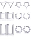 Ofeiyaa 6 Pairs Minimalist Hoop Earrings Stainless Steel Small Dainty Geometric Square Triangle Star