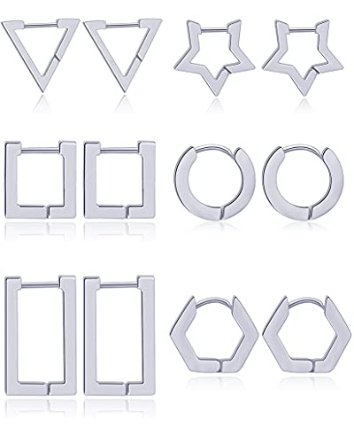 Ofeiyaa 6 Pairs Minimalist Hoop Earrings Stainless Steel Small Dainty Geometric Square Triangle Star Rectangle Huggies Earrings For Women Girls Silver Tone #TOP15