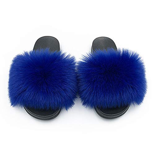 Image of Women's Faux Fur Slides Slippers Fluffy Fuzzy Sandals Open Toe Furry Slide Flip Flop Indoor Outdoor