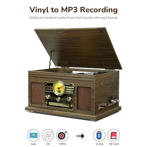 Image of FEKTIK Bluetooth Record Player 10 in 1,FEKTIK 3-Speed Turntable for Vinyl with Speakers, LP to MP3 Converter, CD, Cassette Player, FM Radio, Wireless Streaming | Wooden