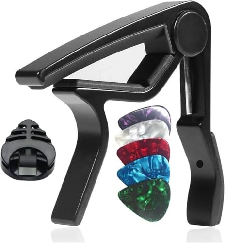 Image of SLS music- Guitar capo b5 with Guitar Pick Holder with 5 Colorful Picks, Clip-On Design, Black