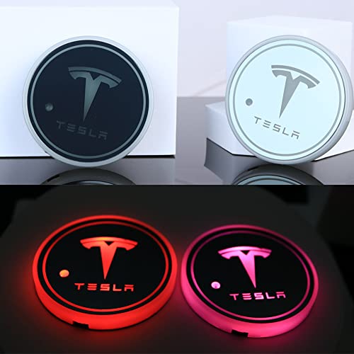 ThinsGo Tesla - Posavasos con luz LED de 7 colores recargable con cable de carga USB, accesorios de consola central, para modelo Y modelo 3, modelo S, modelo X-2 PCS Cover