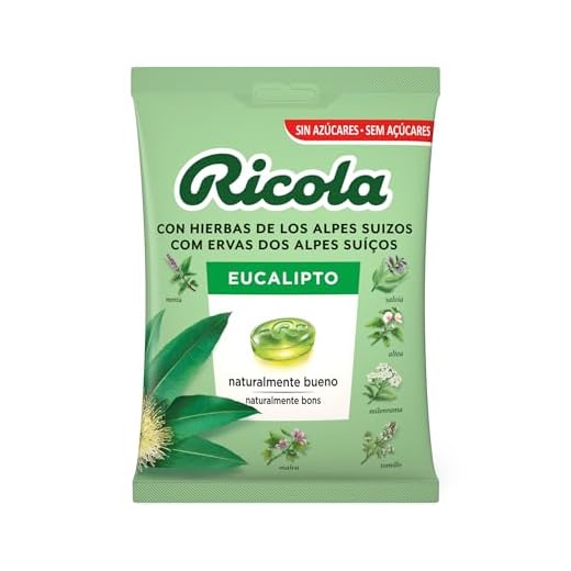 Ricola - Eucalipto, Caramelos Duros Sin Azúcar, Refresca y Alivia la Garganta y la Respiración, con Aceites Esenciales de Menta, Eucalipto y 13 Hierbas Suizas, con Edulcorantes - Bolsa 70 g