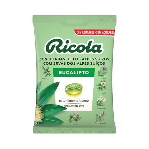 Ricola - Eucalipto, Caramelos Duros Sin Azúcar, Refresca y Alivia la Garganta y la Respiración, con Aceites Esenciales de Menta, Eucalipto y 13 Hierbas Suizas, con Edulcorantes - Bolsa 70 g