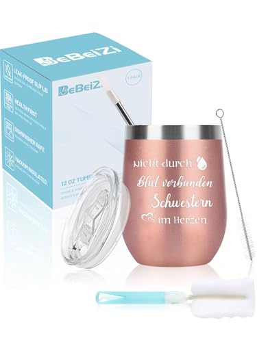 BeBeiZi Cadeaux pour amies, verre à vin en acier inoxydable avec sœurs dans le cœur. Gobelet isotherme à emporter avec couvercle et paille, cadeau d'anniversaire pour femme, cadeaux de Noël, 350 ml