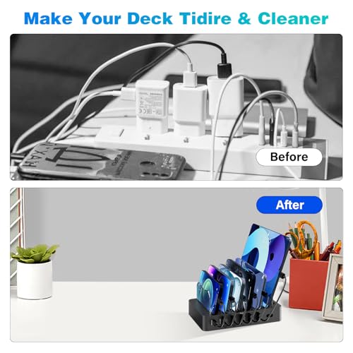 Charging Station for Multiple Devices 68W 6 Port Phone Charger Dock with 6 Cables, 20W Black Fast Charging Station Compatible with Apple Cellphone iPad iPhone Tablet(Black) — view 4