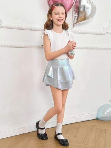 Image of Haloumoning Girls Metallic Skater Skort Kids Shiny Scooter Skirt 4-14 Years | High Waisted, Dance Skorts