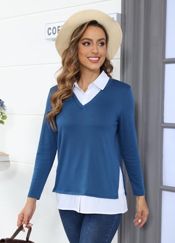 Image of Vldnery Womens Fall Winter Sweater 2025 Trendy Clothes Oversized V Neck Long Sleeve Shirts 2 in 1 Outfit Casual Pullover Tops