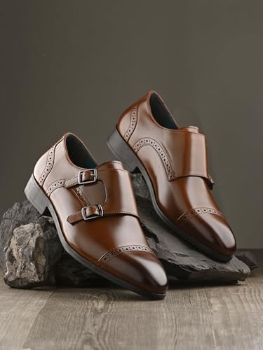 Image of San Frissco Men's Formal Monks Shoes with Buckle Perforated Letherette Double Strap Lace-Up Business Shoes for Office /Comfortable Footwear with Non-Slip TPR Sole for Wedding and Parties