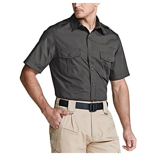 CQR Men's Short Sleeve Work Shirts, Ripstop Military Tactical Shirts, Outdoor UPF 50+ Breathable Hiking Shirt, Button Up Commander Charcoal, X-Large