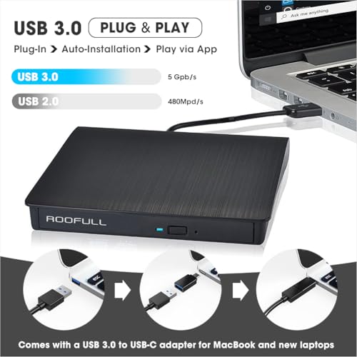 Image of ROOFULL USB 3.0 & USB-C External CD DVD Drive with Protective Carrying Case, Portable CD DVD Optical Disc Drive Reader Writer Burner Player for Laptop PC Windows 11 /10 Mac MacBook Linux OS