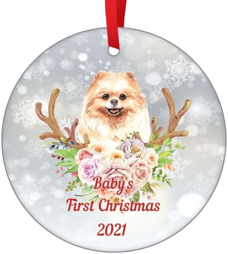 Pomeranian Dog Christmas Ornament 2021 Baby's First Christmas Hanging Ornament Dog Ornaments for Christmas Trees Decor Ceramic Xmas Ornament New Baby Gift for First Christmas Tree