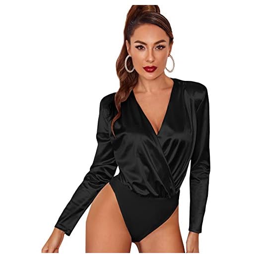 Romwe Women's Satin Long Sleeve Wrap V Neck Bodysuit Jumpsuit Black M