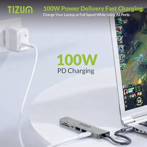 Image of Tizum 7-in-1 USB C HUB with 4K HDMI, 100W PD Charging, USB C & USB 3.0 5Gbps, USB 2.0, SD /TF Card Reader, Type C Multiport Adapter for MacBook Laptop, Tablet, Type C Dock Plug & Play, Aluminium Shell