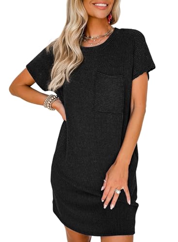 Image of Acelitt Womens Casual Summer Crewneck Short Sleeve Ribbed Mini Tshirt Dress, XS-3XL