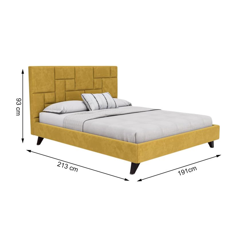 Image of Amazon Brand - Solimo Wood Cube King Size Bed with Fabric Upholstery | Modern Wooden Double Bed Without Storage Cot Platform Furniture for Bedroom and Livingroom | 6.5 x 6 Feet (Yellow)