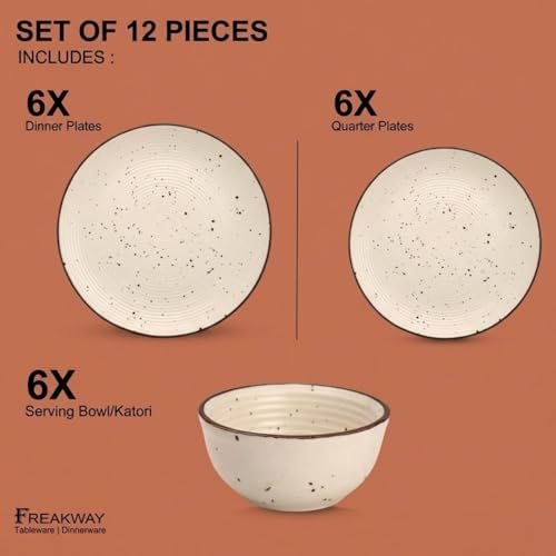 Image of Freakway Dinner Set, Ceramic Dinnerware with Brown Rim, Speckled Beige Design, 18 Pieces