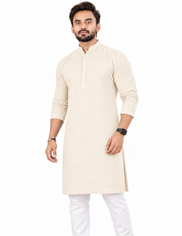 Image of Men's Lakhnawi Chikankari Kurta Set Cotton Ethnic Kurta Pajama for Men Wedding Festive Designer Indian Outfit Stylish Embroidered Kurta Set