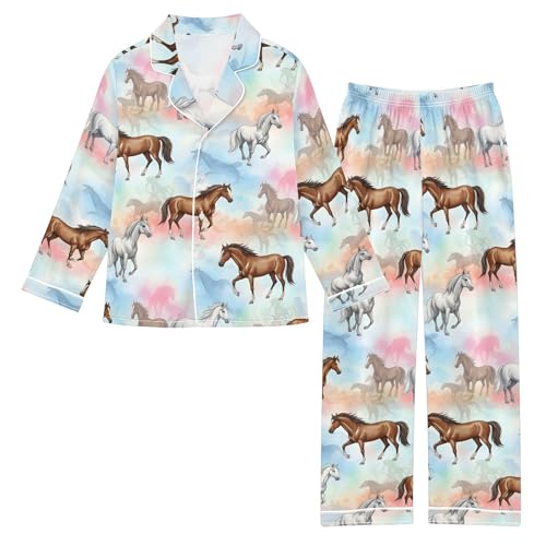 Image of Satin Pajama Sets Short Sleeve Horses Running on Colorful Button Down Silky Nightwear 2 Piece PJS 5-14Y