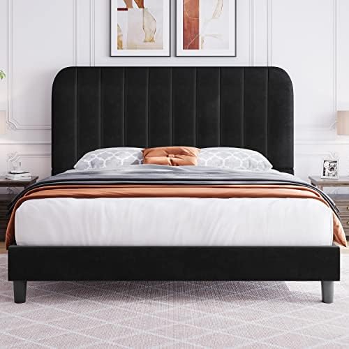 Yaheetech Queen Velvet Upholstered Platform Bed Frame, Mattress Foundation with Channel Tufted Headboard and Wood Slat Support, No Box Spring Needed, Easy Assembly, Black