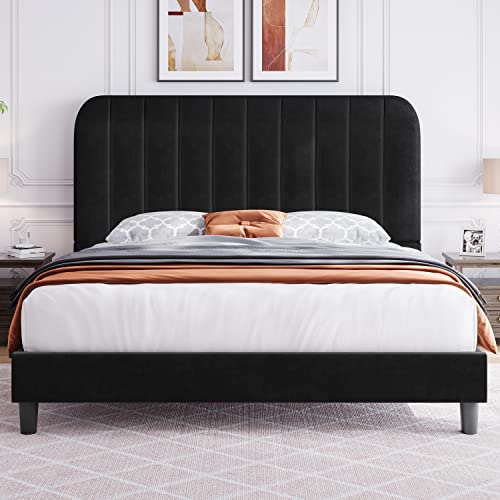 Yaheetech Queen Velvet Upholstered Platform Bed Frame, Mattress Foundation With Channel Tufted Headboard And Wood Slat Support, No Box Spring Needed, Easy Assembly, Black #TOP3
