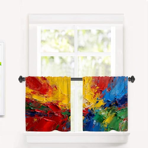BaoNews Multi Colored Oil Painting Blackout Tier Curtains, Abstract Orange Yellow Sunset Half Window Drapes for Kitchen with Rod Pocket,Room Darkening 2 Pack 26X24 Inches