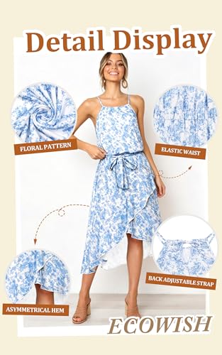 ECOWISH Polka Dot Women Summer Dresses Casual Midi A Line Ruffle High Low Sleeveless Boho Floral Halterneck Cocktail Sundress Blue Floral Medium — view 4
