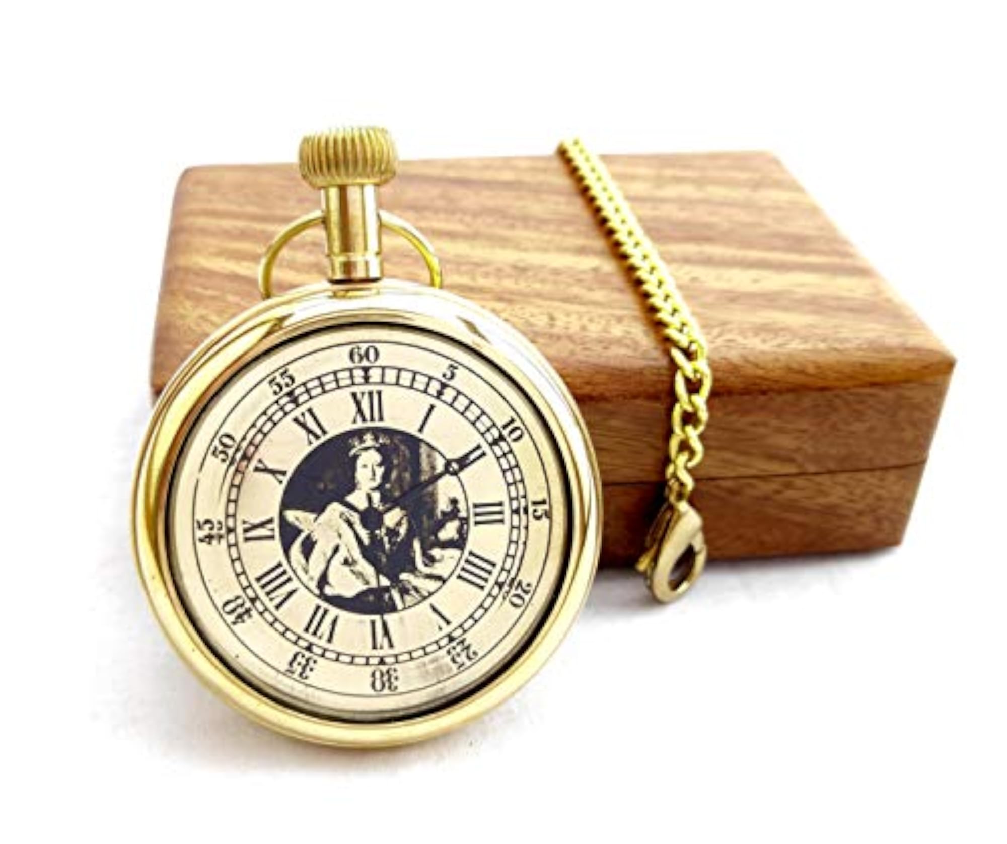 Queen Victoria Analog Pocket Watch with Wooden Box