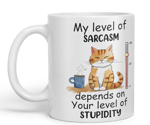 Vixar My Level of Sarcasm Depends on Your Level of Stupidity Cat Joke Taza de cerámica de colores para té, café y preparación caliente, 330 ml (blanco)