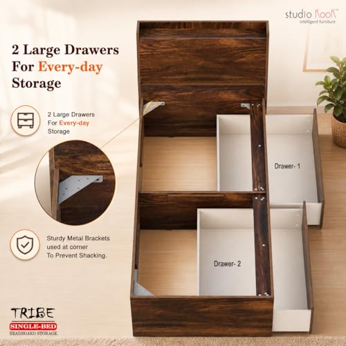 Image of Studio Kook Tribe Right Single Bed with Headboard Storage & 2 Drawers | Engineered Wood Bed | Fits 78 x 36 inch Mattress | Junglewood | Mattress Not Included