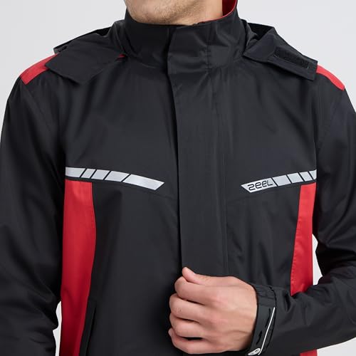 Image of ZEEL Raincoat with Adjustable Hood, Polyester Waterproof Full Sleeves, Backpack Friendly Pleate, Top and Bottom Set Rainwear, Front Zip with Snap Button Flap (EJS502, Black-Red, XXL)